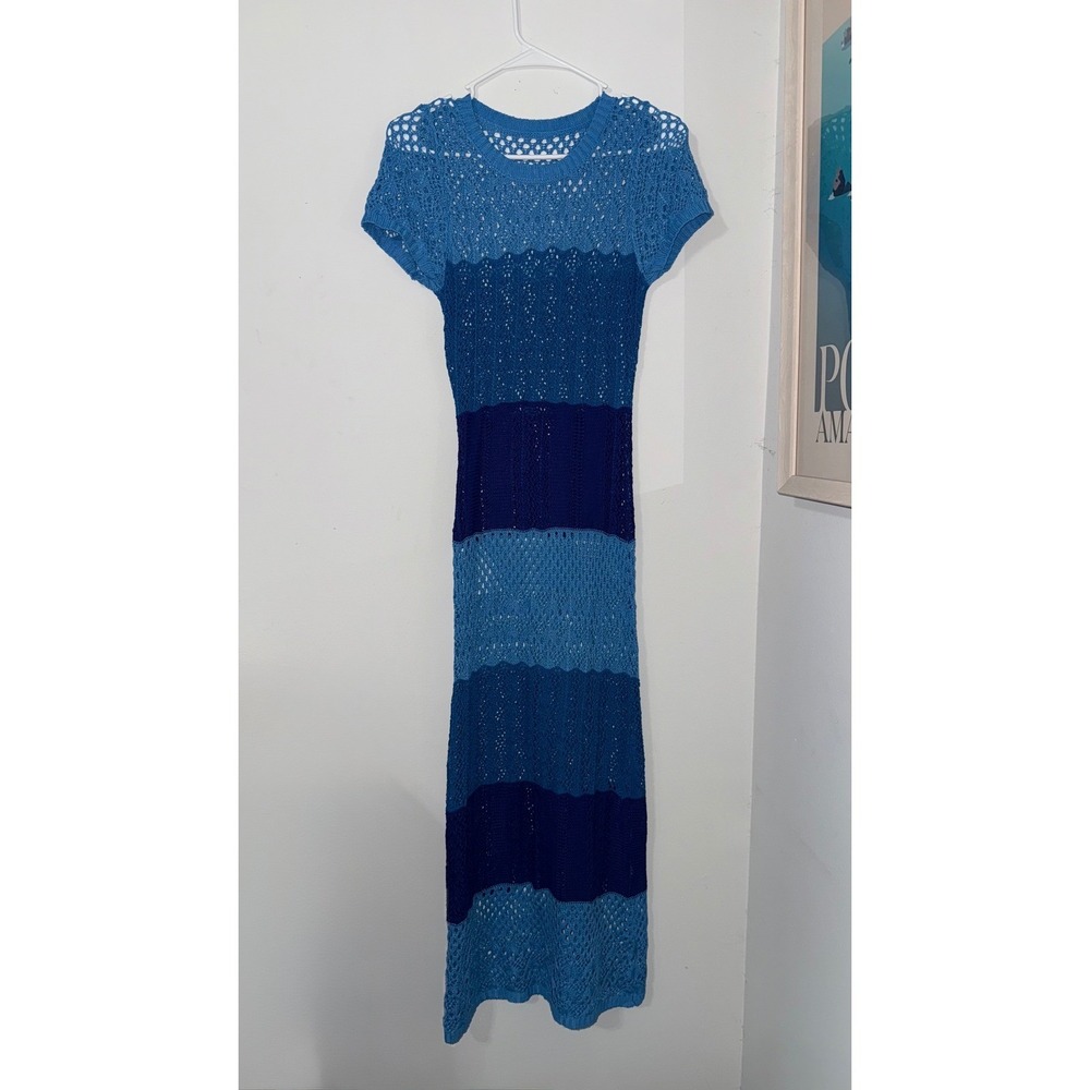 Blue Colorblock Crochet Knit Maxi Dress Short Sleeve Pointelle Boho Size M/L